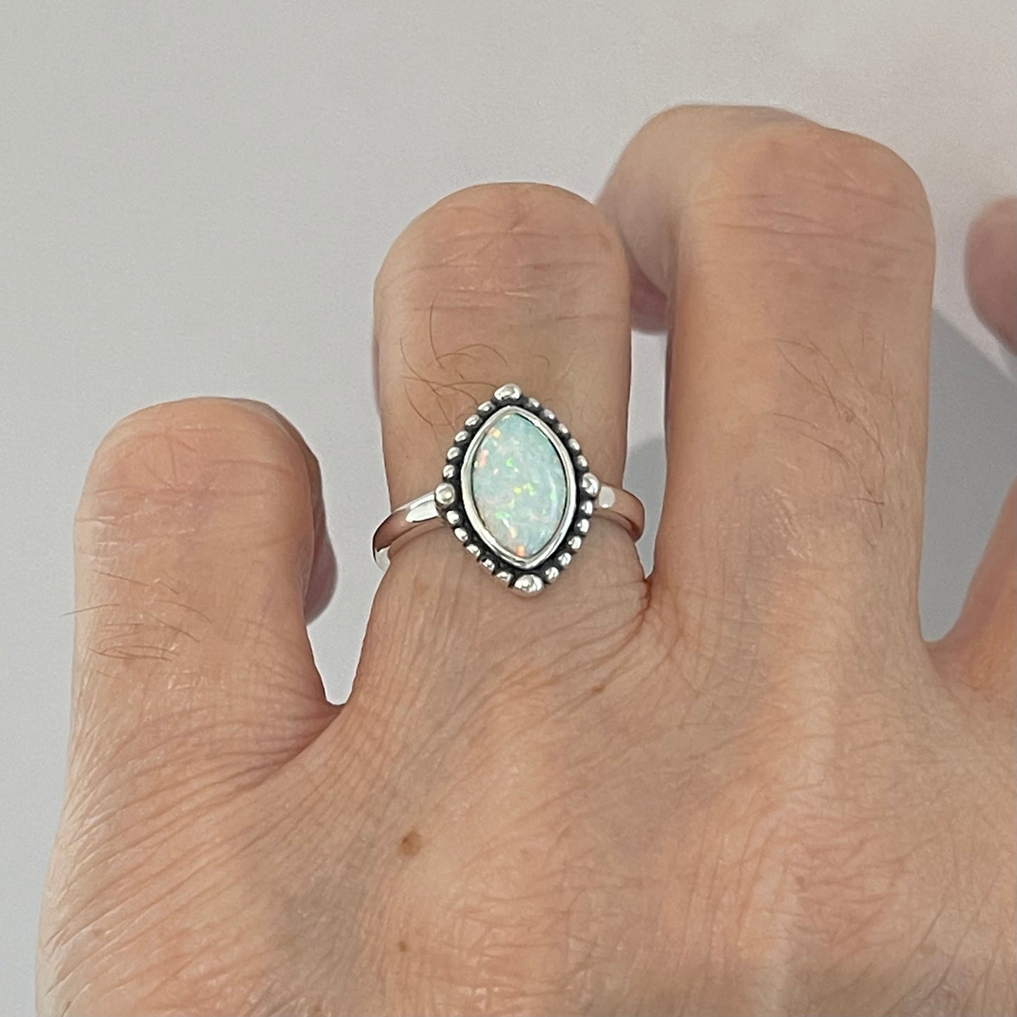 Sterling Silver Diamond Shape White Lab Opal Ring with Beads, Solitaire Silver Ring