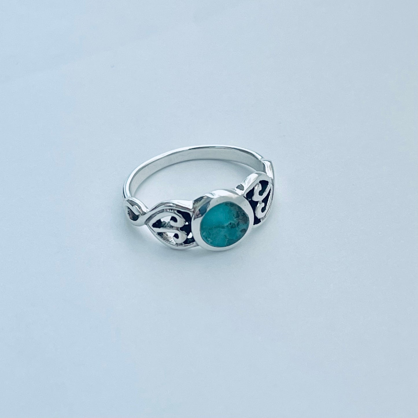 Sterling Silver Round Genuine Turquoise Ring with Swirl, Stone Ring, Silver Rings