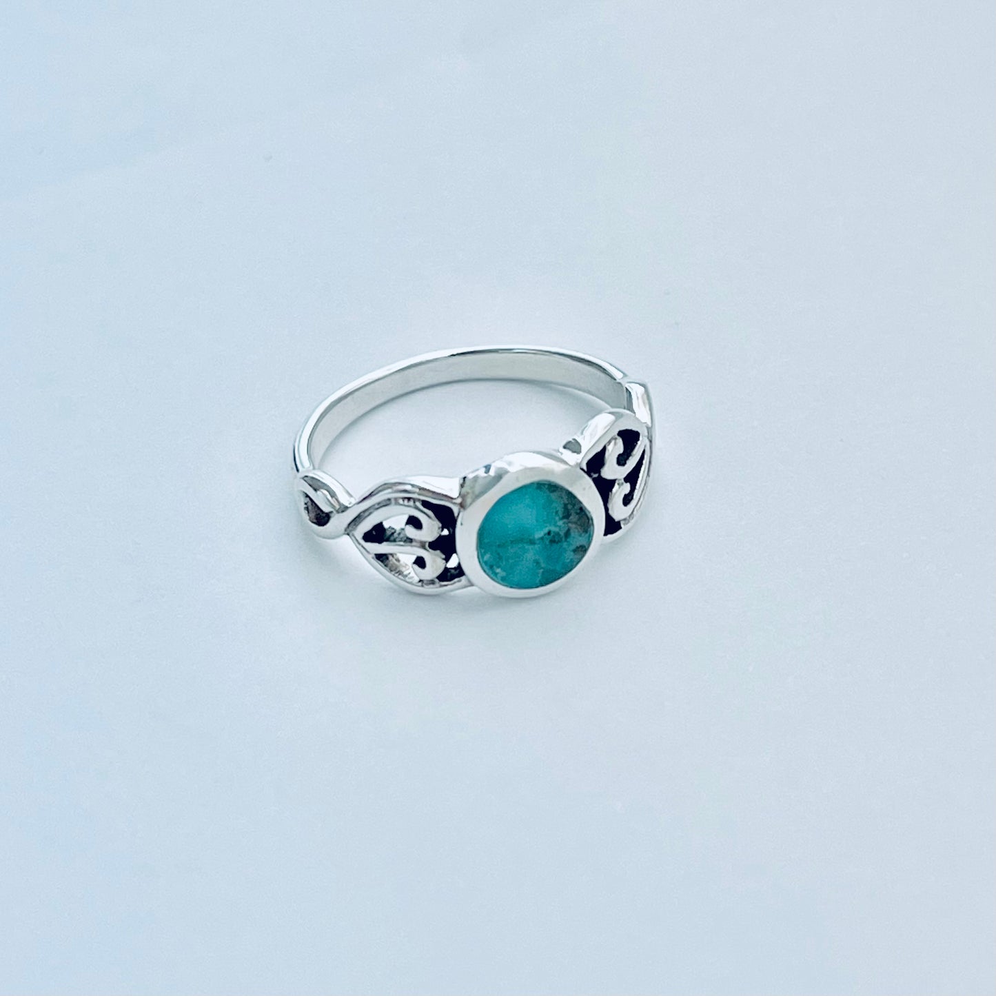 Sterling Silver Round Genuine Turquoise Ring with Swirl, Silver Rings, Stone Jewelry