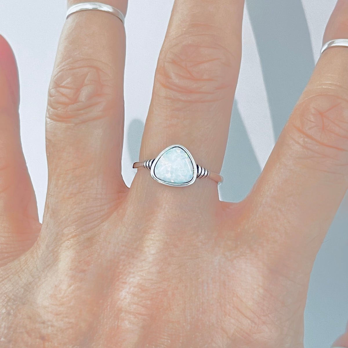 925 Sterling Silver Triangle White Lab Opal Ring | Simple October Birthstone Rings