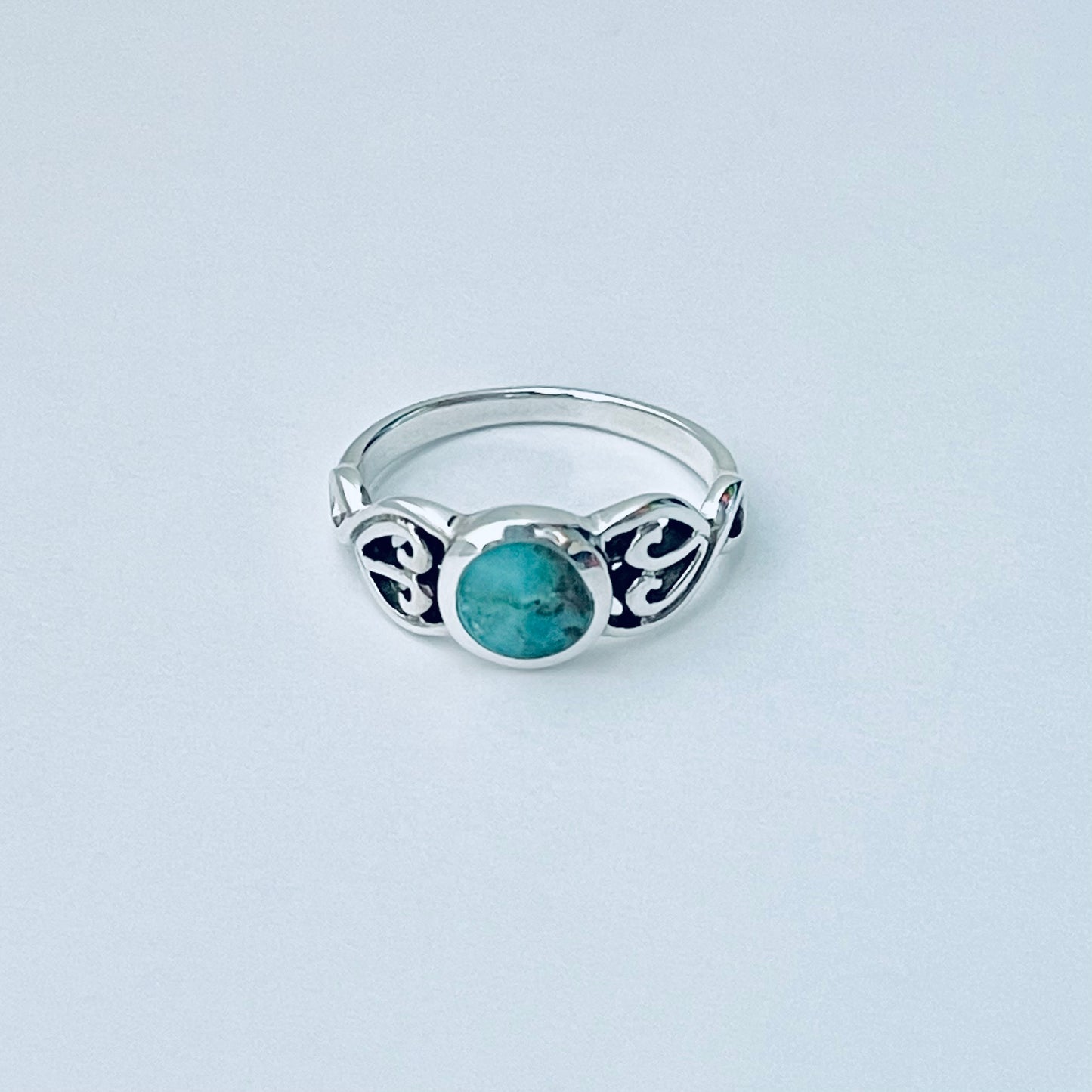 Sterling Silver Round Genuine Turquoise Ring with Swirl, Stone Ring, Silver Rings