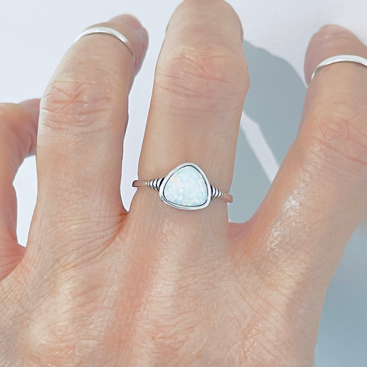 925 Sterling Silver Triangle White Lab Opal Ring | Simple October Birthstone Rings
