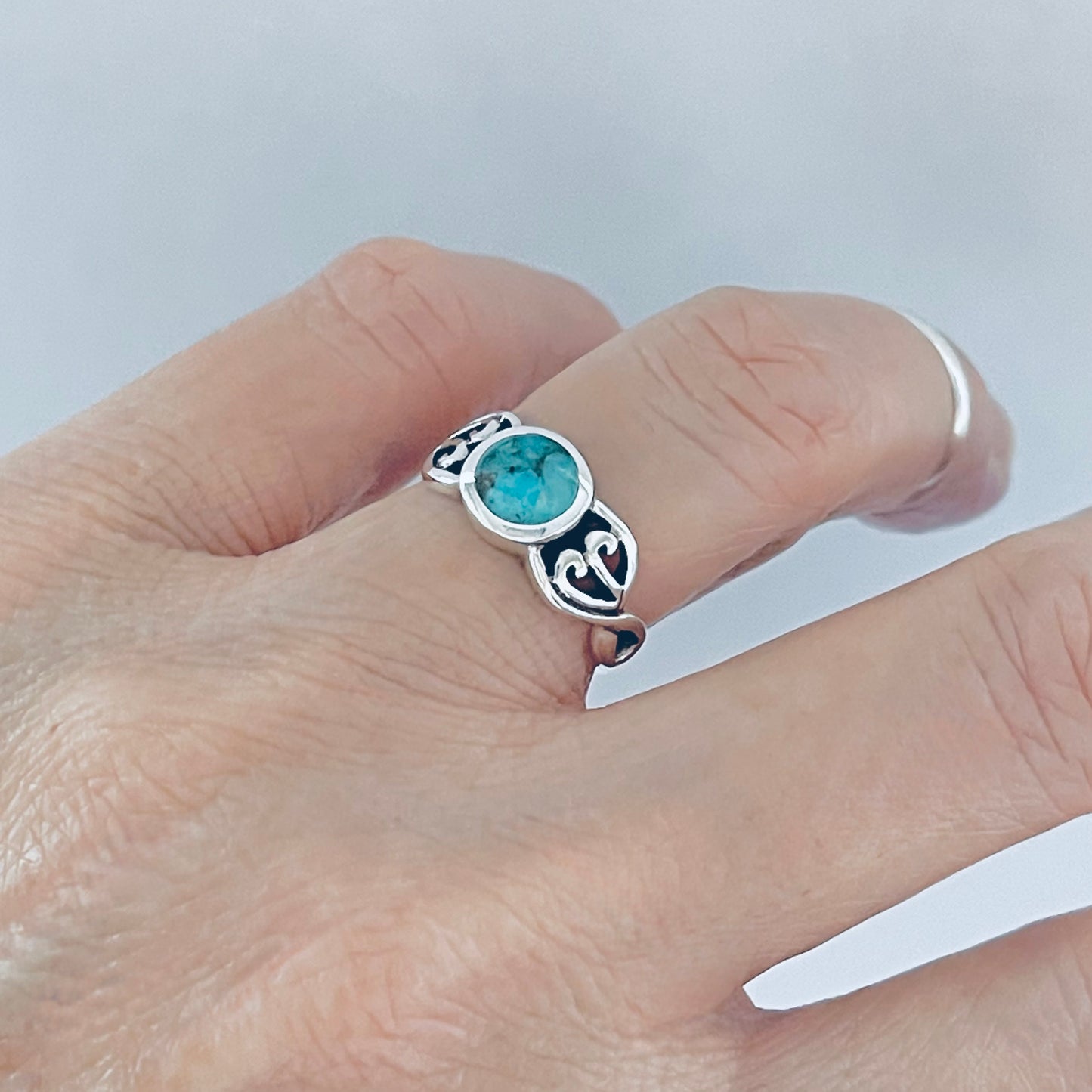 Sterling Silver Round Genuine Turquoise Ring with Swirl, Silver Rings, Stone Jewelry