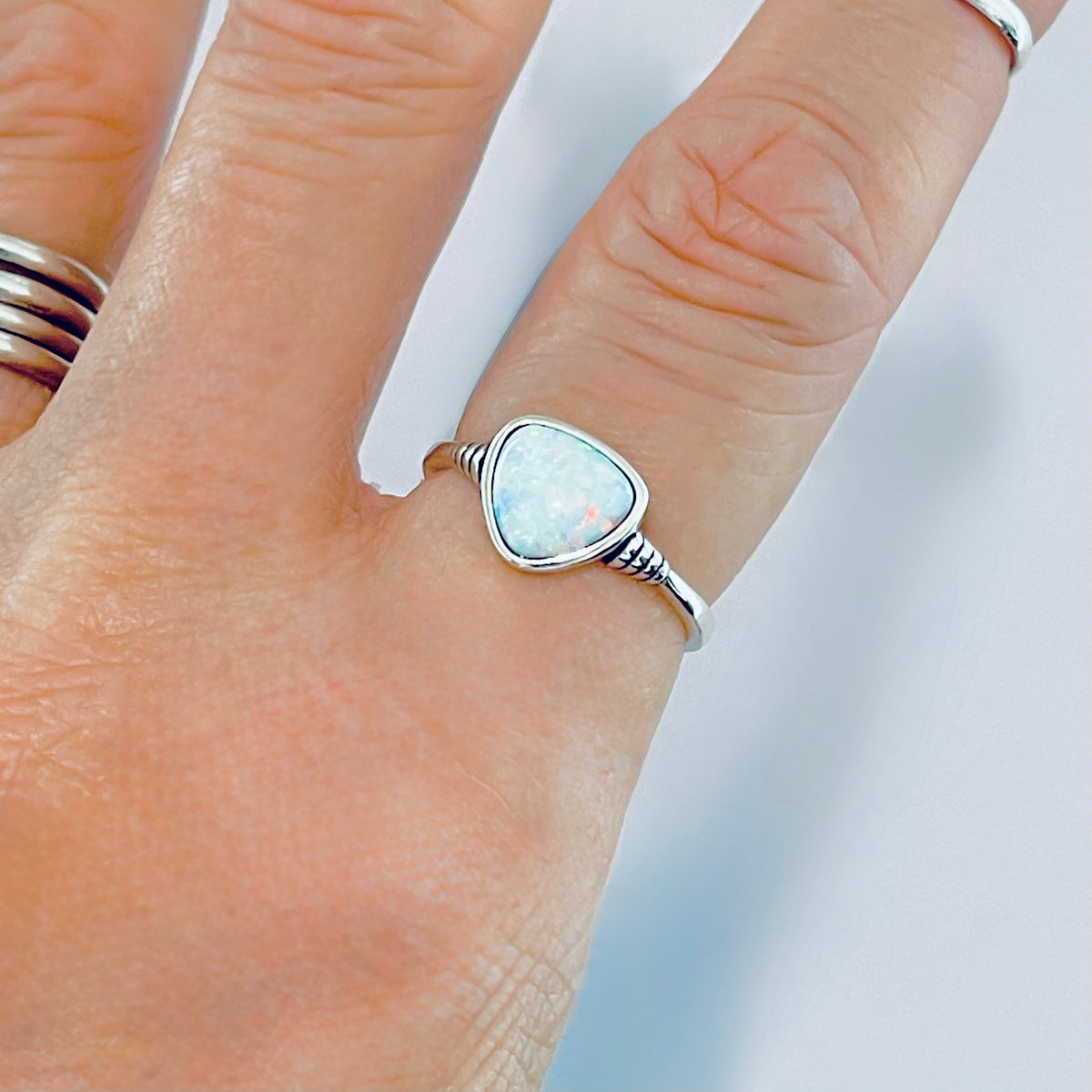 925 Sterling Silver Triangle White Lab Opal Ring | Simple October Birthstone Rings