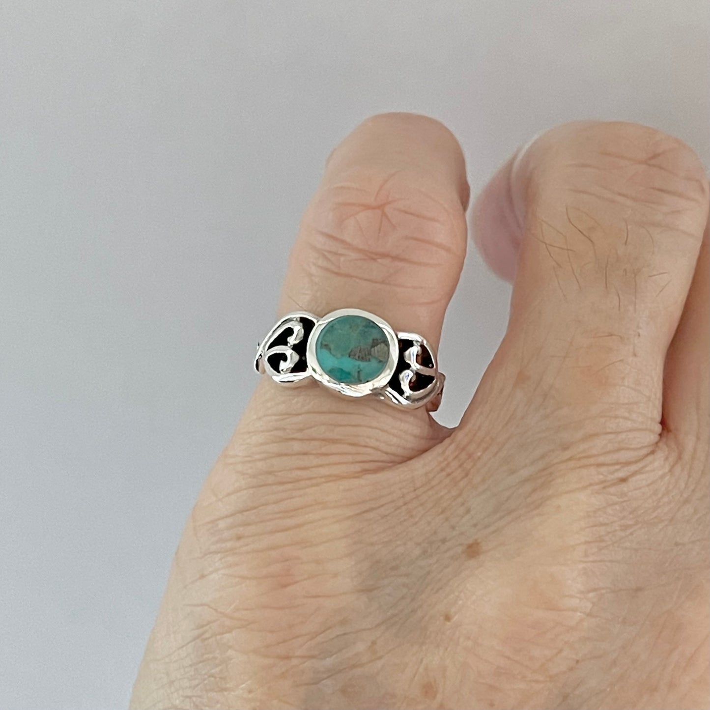 Sterling Silver Round Genuine Turquoise Ring with Swirl, Stone Ring, Silver Rings