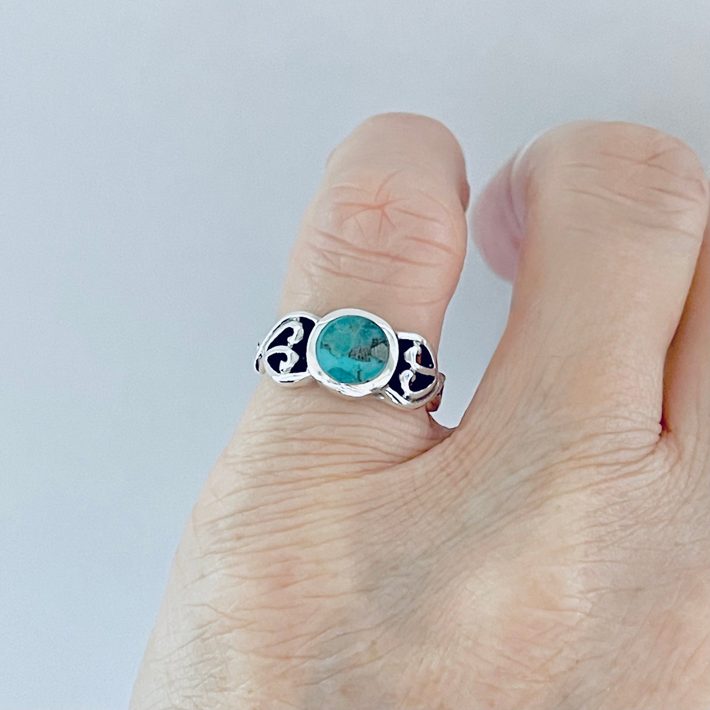 Sterling Silver Round Genuine Turquoise Ring with Swirl, Silver Rings, Stone Jewelry