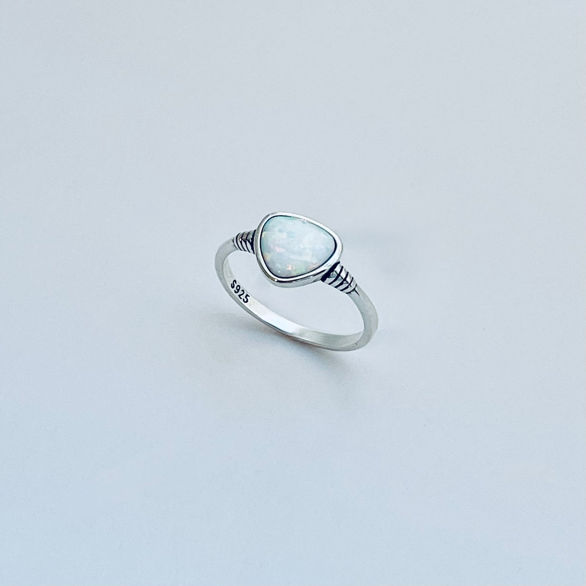 925 Sterling Silver Triangle White Lab Opal Ring | Simple October Birthstone Rings