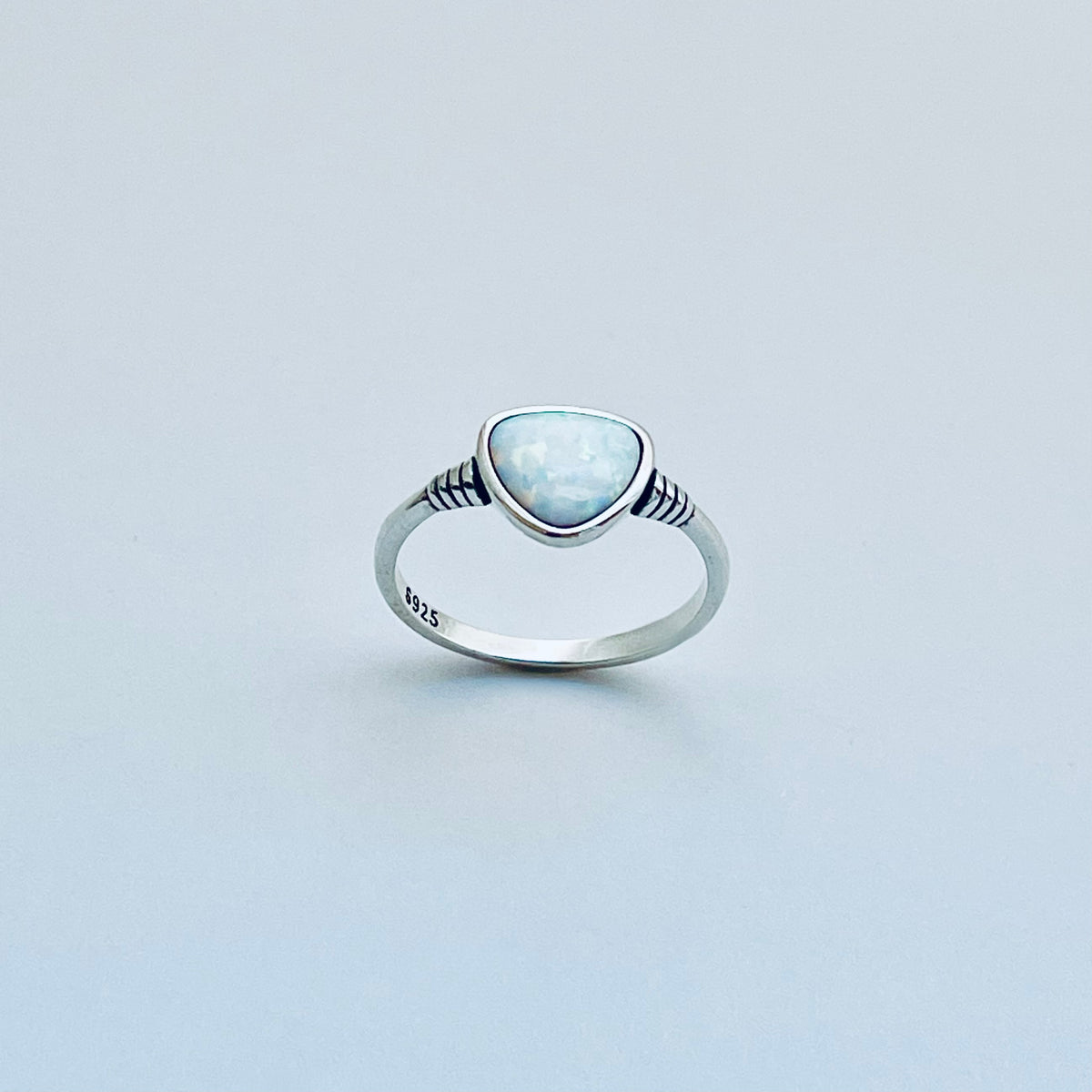 925 Sterling Silver Triangle White Lab Opal Ring | Simple October Birthstone Rings