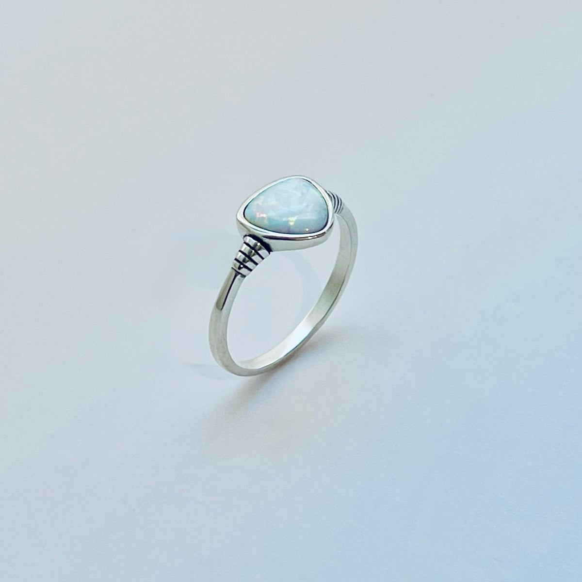 925 Sterling Silver Triangle White Lab Opal Ring | Simple October Birthstone Rings