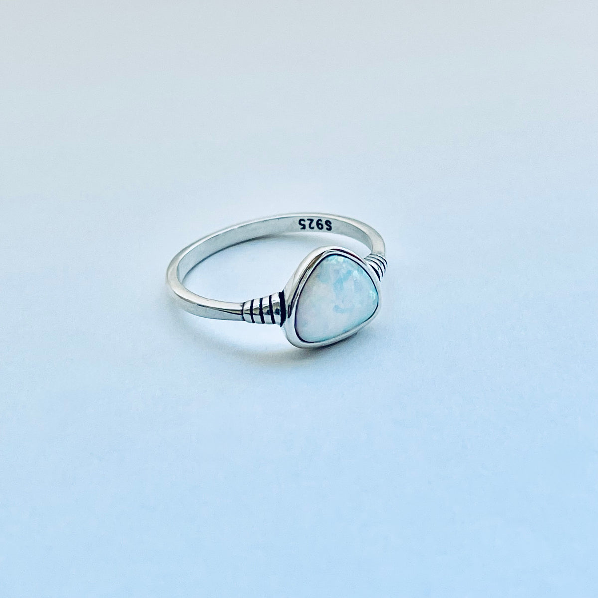 925 Sterling Silver Triangle White Lab Opal Ring | Simple October Birthstone Rings