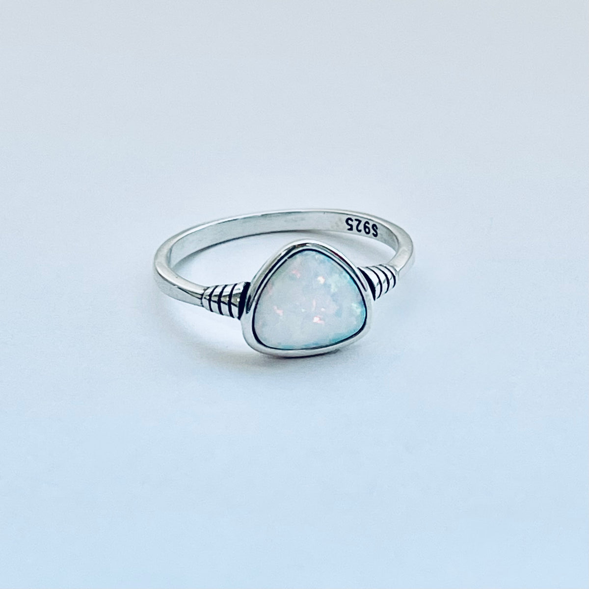 925 Sterling Silver Triangle White Lab Opal Ring | Simple October Birthstone Rings