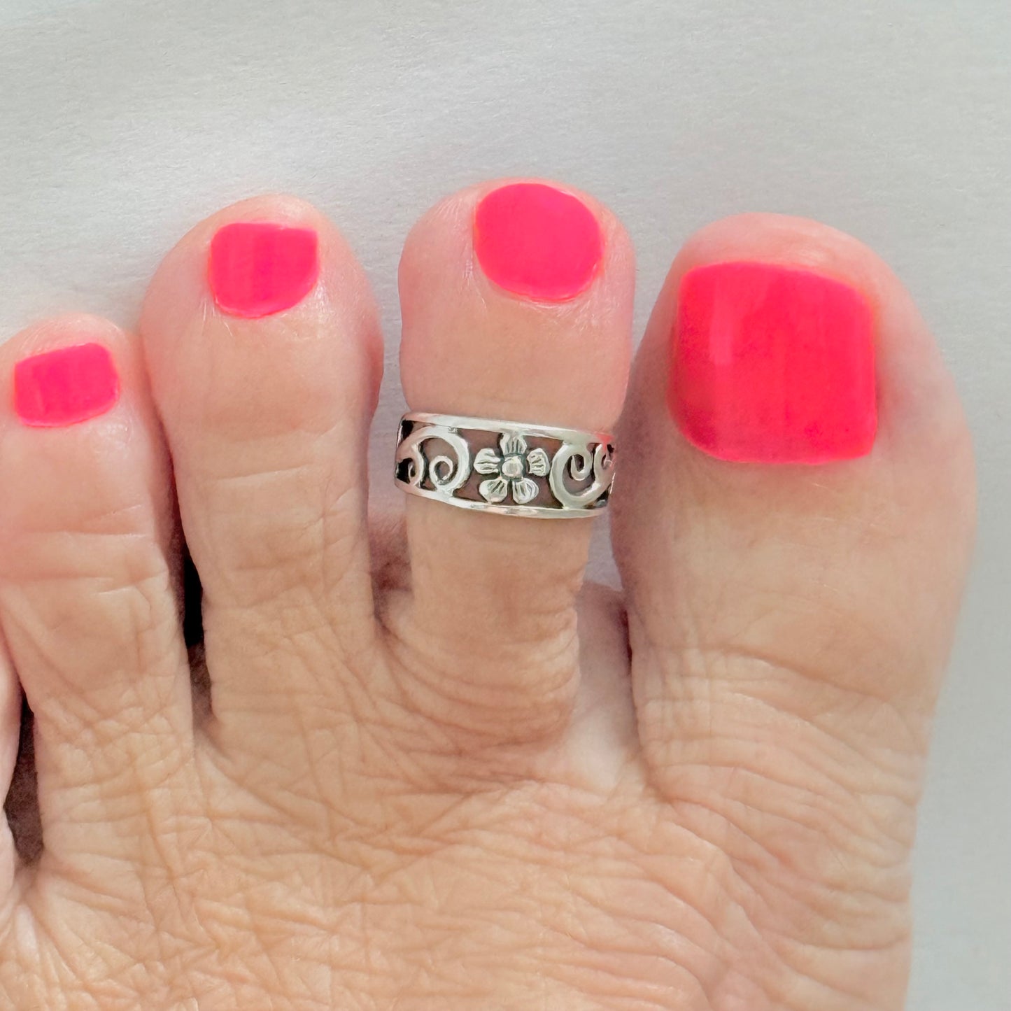 925 Sterling Silver Swirl & Flower Toe Ring | Forget Me Not Dainty Silver Ring