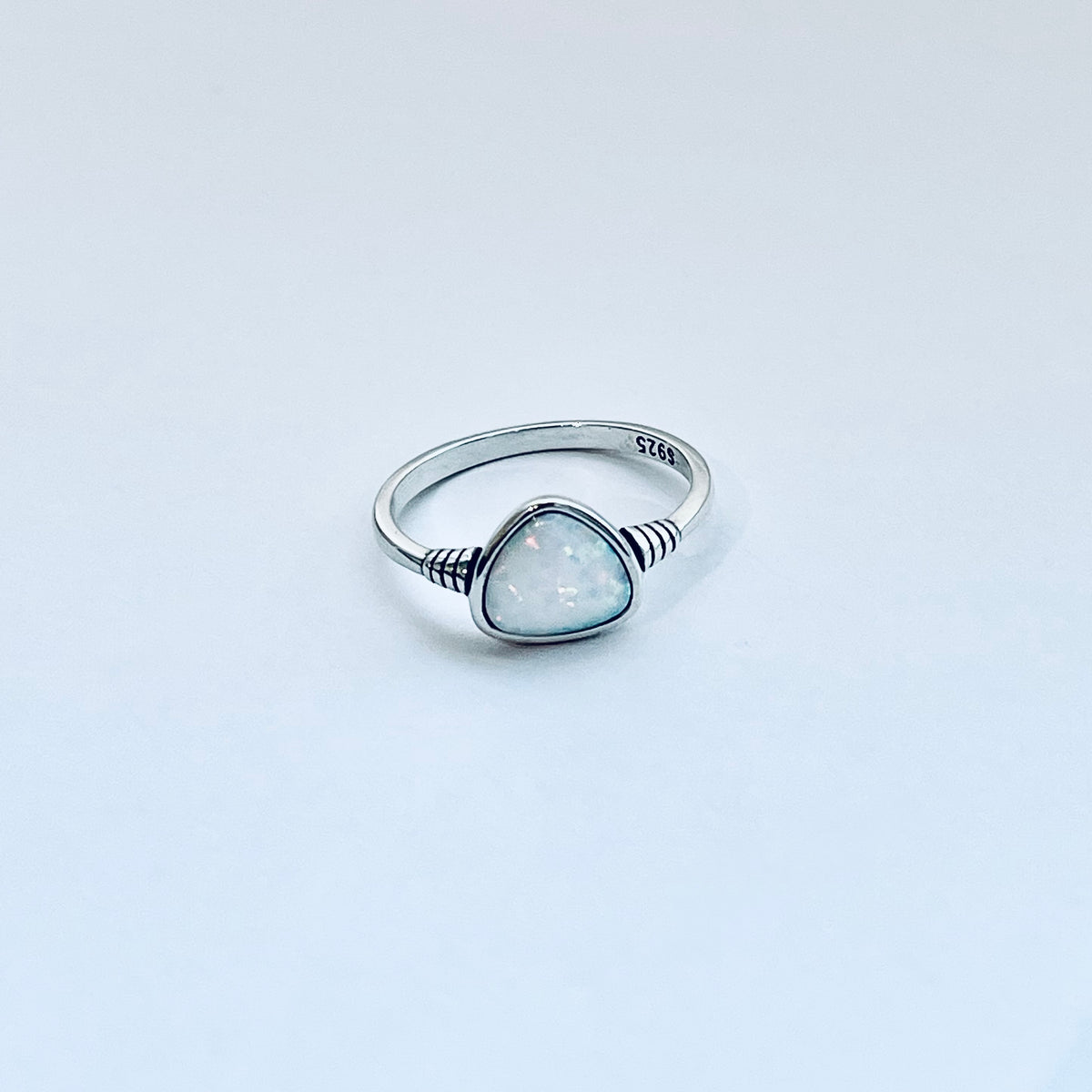 925 Sterling Silver Triangle White Lab Opal Ring | Simple October Birthstone Rings