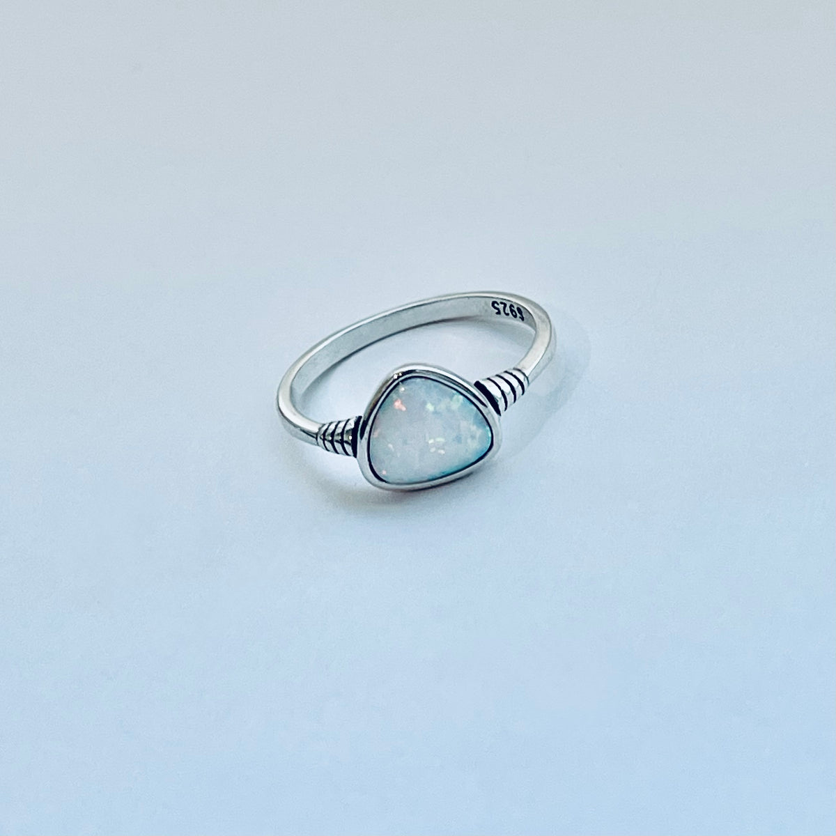 925 Sterling Silver Triangle White Lab Opal Ring | Simple October Birthstone Rings