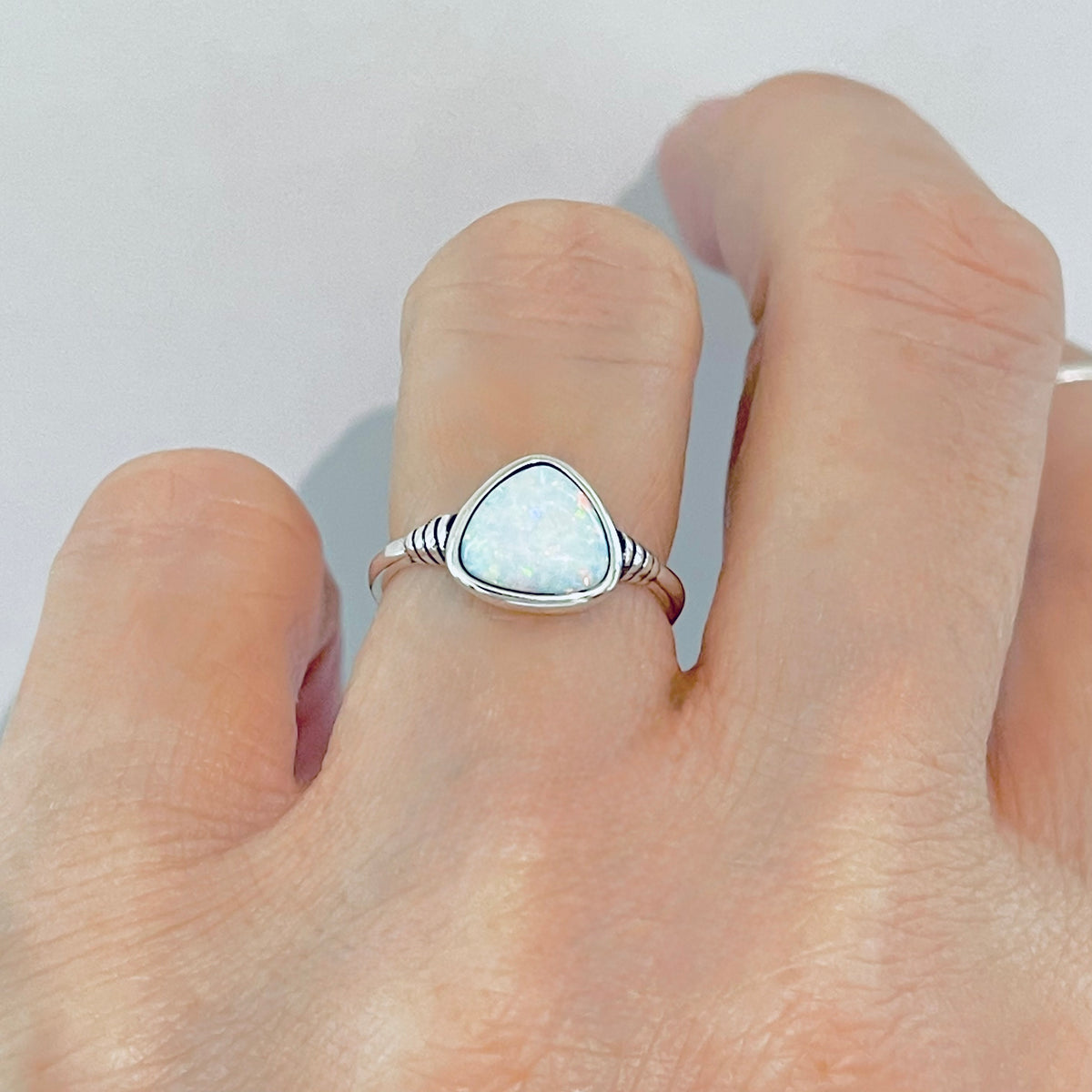 925 Sterling Silver Triangle White Lab Opal Ring | Simple October Birthstone Rings