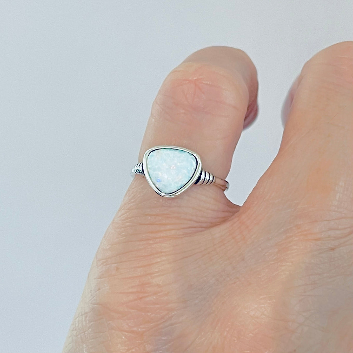 925 Sterling Silver Triangle White Lab Opal Ring | Simple October Birthstone Rings