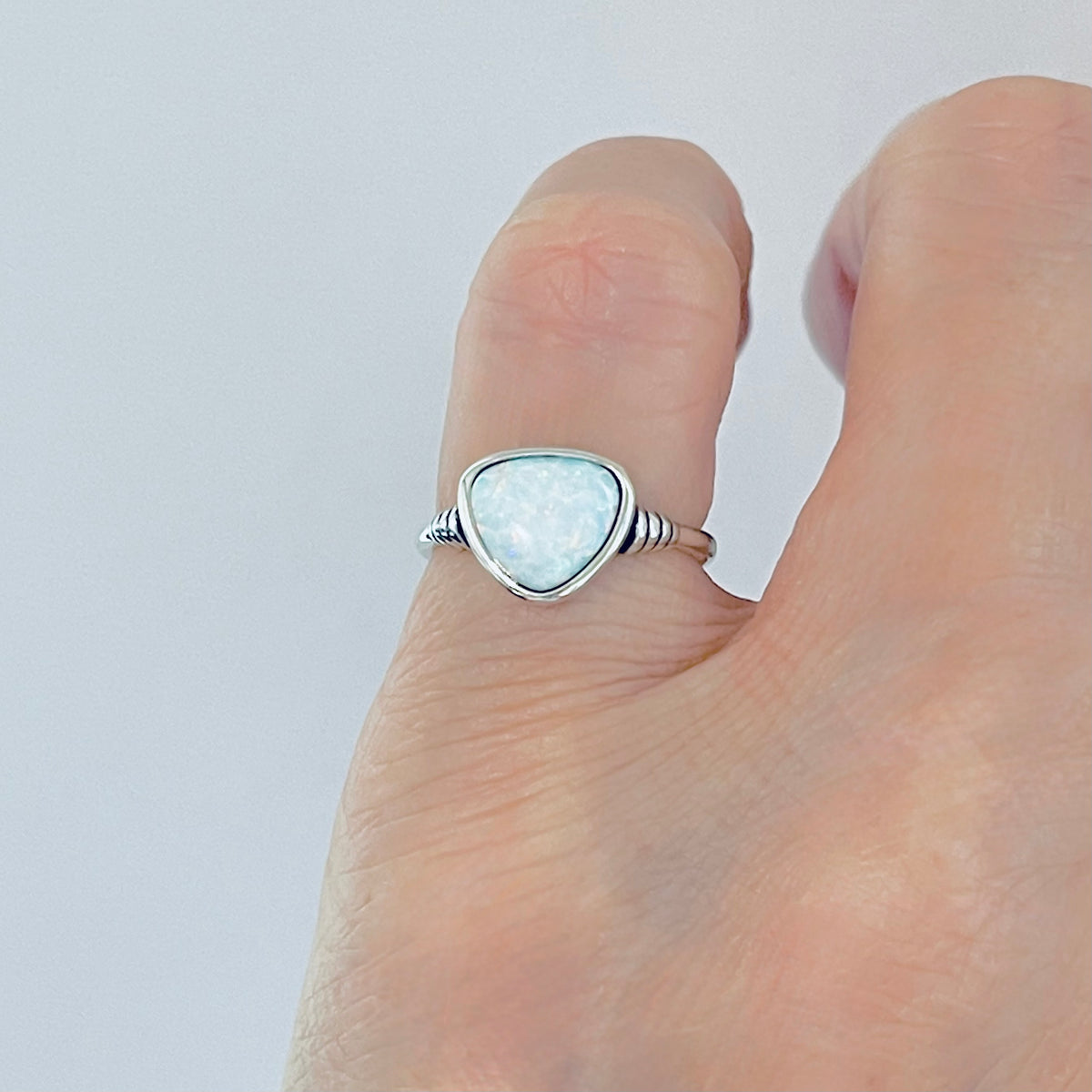 925 Sterling Silver Triangle White Lab Opal Ring | Simple October Birthstone Rings