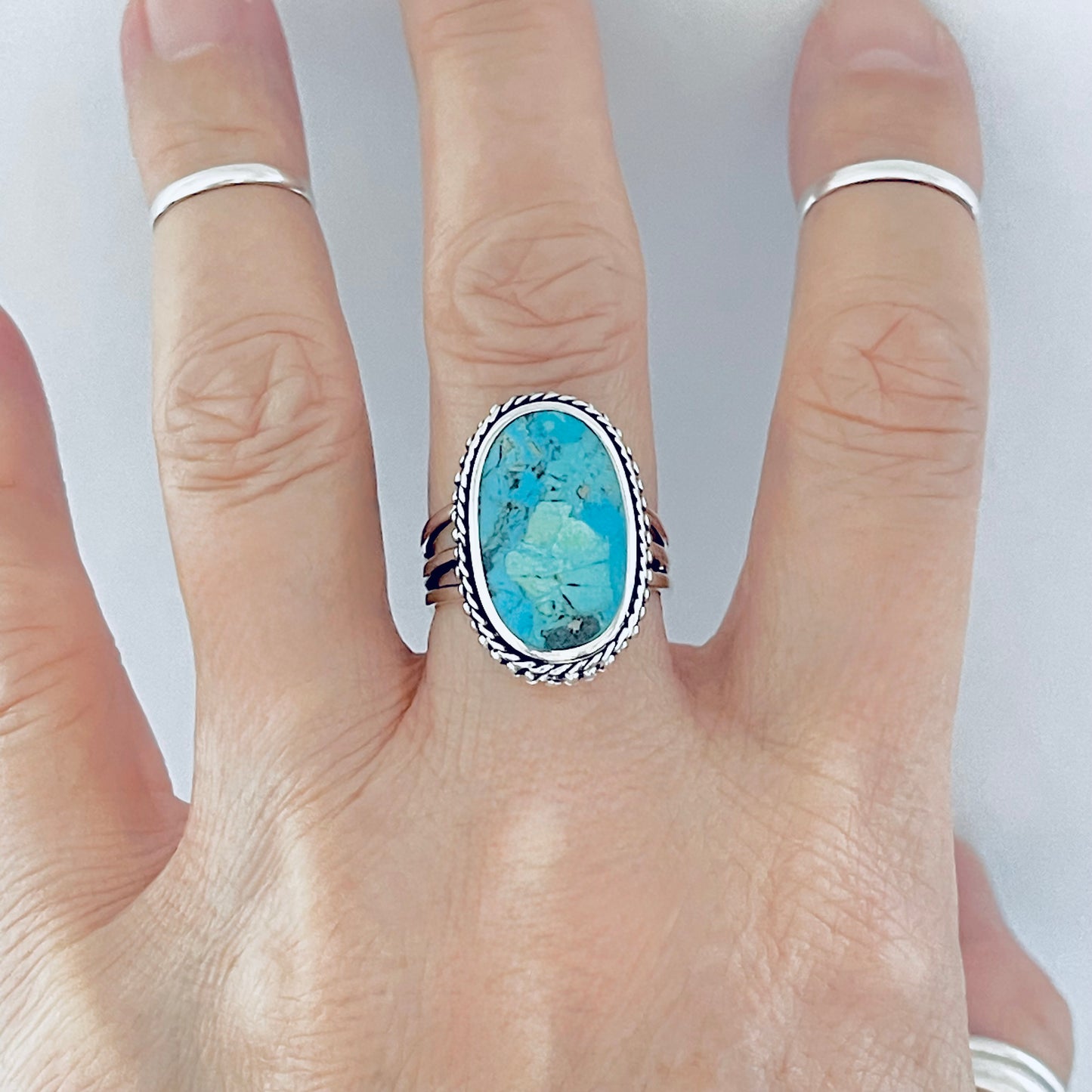 Sterling Silver Braid and Dots Accent Genuine Turquoise Ring with Triple Band, Statement Boho Jewelry