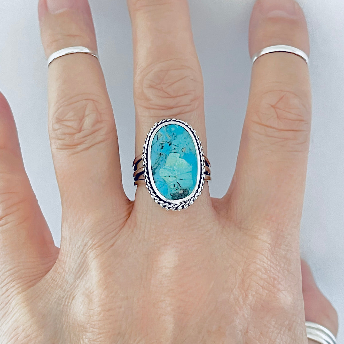 925 Sterling Silver Braid & Dots Genuine Turquoise Ring | Statement Triple Band Stone Rings