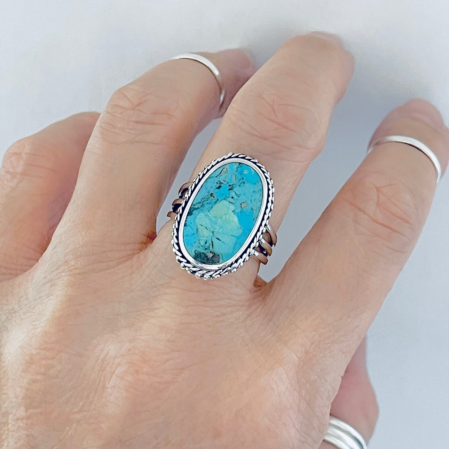 Sterling Silver Braid and Dots Accent Genuine Turquoise Ring with Triple Band, Statement Boho Jewelry