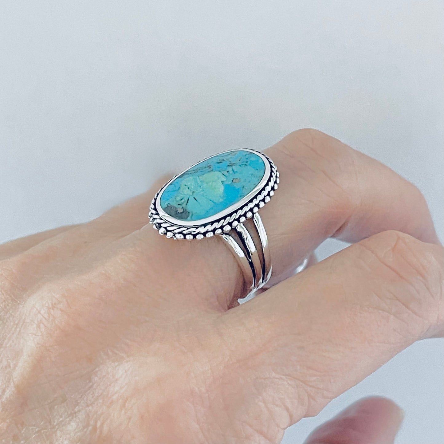 Sterling Silver Braid and Dots Accent Genuine Turquoise Ring with Triple Band, Statement Boho Jewelry