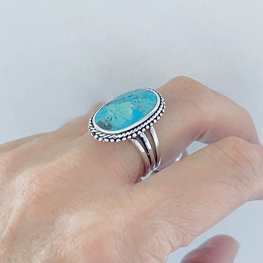 Sterling Silver Braid and Dots Accent Genuine Turquoise Ring with Triple Band, Statement Boho Jewelry