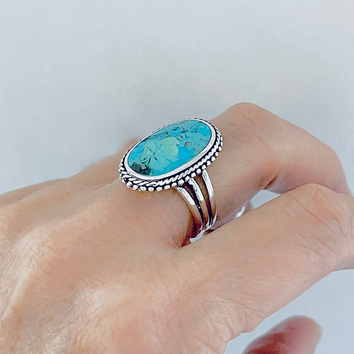 925 Sterling Silver Braid & Dots Genuine Turquoise Ring | Statement Triple Band Stone Rings