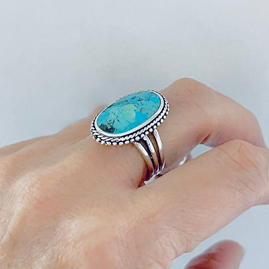 925 Sterling Silver Braid & Dots Genuine Turquoise Ring | Statement Triple Band Stone Rings