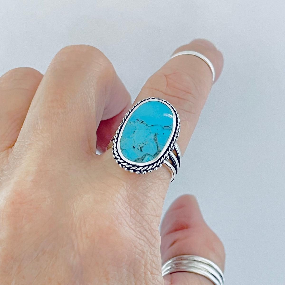 925 Sterling Silver Braid & Dots Genuine Turquoise Ring | Statement Triple Band Stone Rings