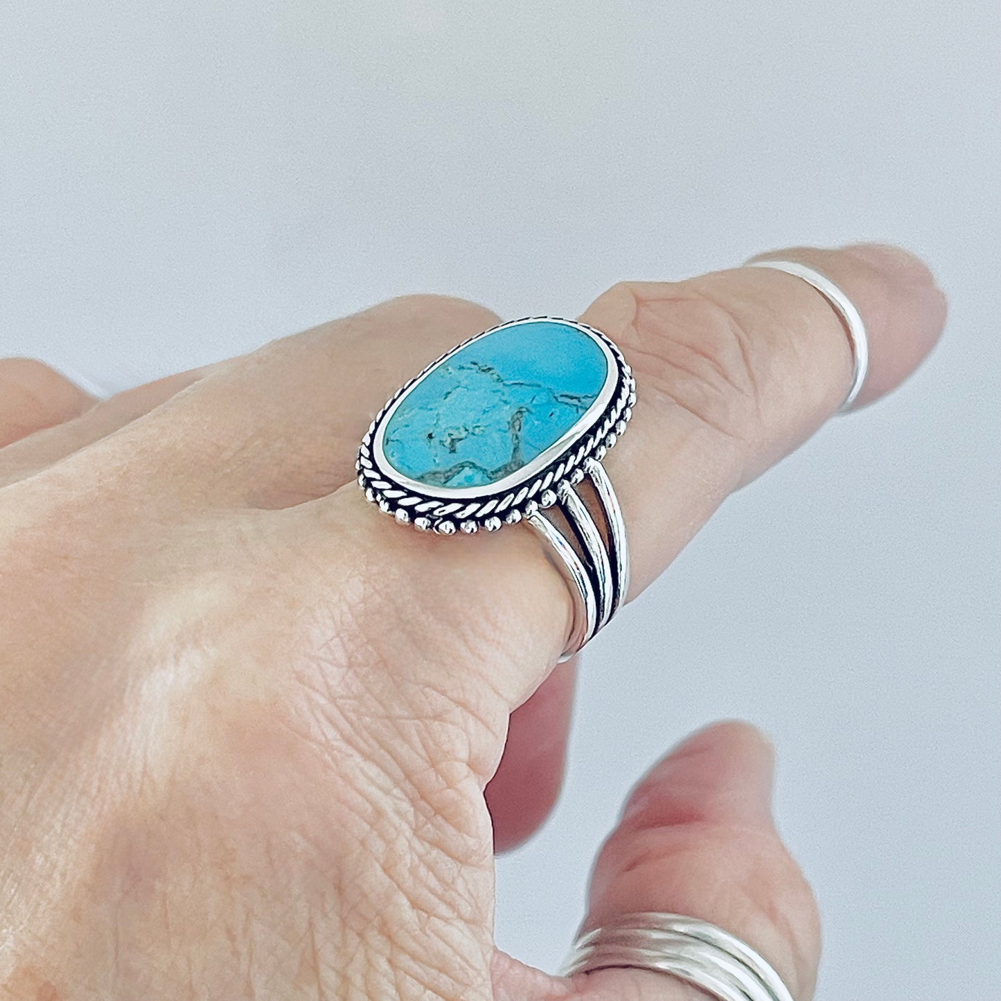 Sterling Silver Braid and Dots Accent Genuine Turquoise Ring with Triple Band, Statement Boho Jewelry