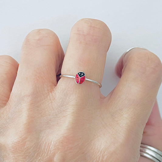 925 Sterling Silver Dainty Tiny Ladybug Ring | Spirit Bug Nature Silver Rings