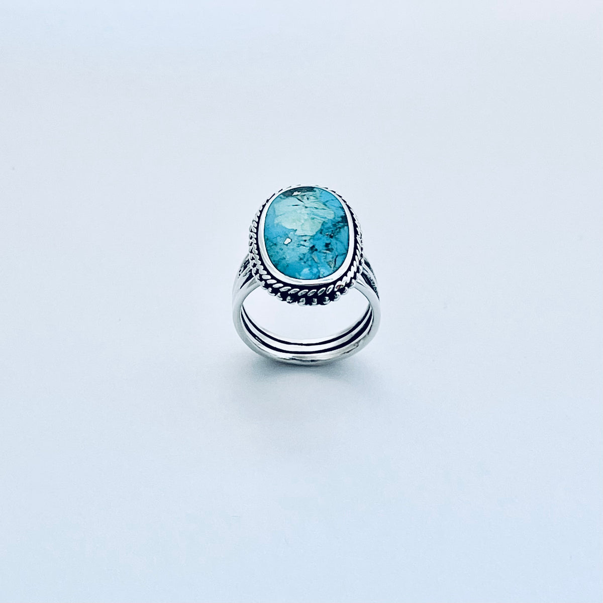 925 Sterling Silver Braid & Dots Genuine Turquoise Ring | Statement Triple Band Stone Rings