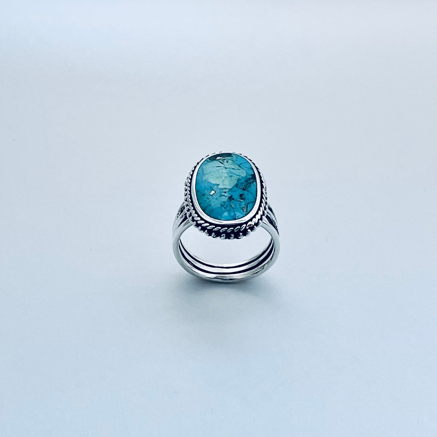 Sterling Silver Braid and Dots Accent Genuine Turquoise Ring with Triple Band, Statement Boho Jewelry