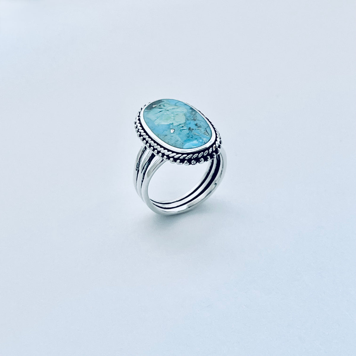 925 Sterling Silver Braid & Dots Genuine Turquoise Ring | Statement Triple Band Stone Rings