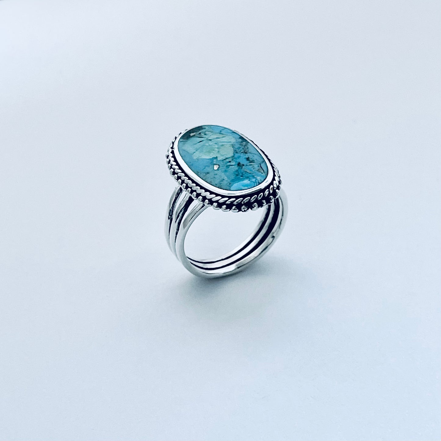 Sterling Silver Braid and Dots Accent Genuine Turquoise Ring with Triple Band, Statement Boho Jewelry