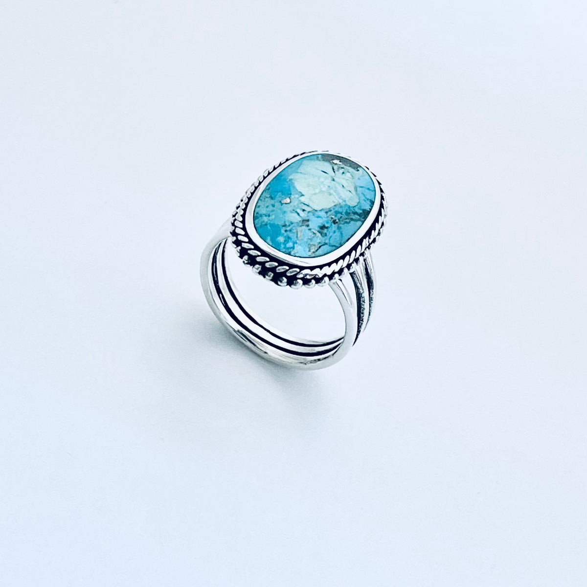 925 Sterling Silver Braid & Dots Genuine Turquoise Ring | Statement Triple Band Stone Rings