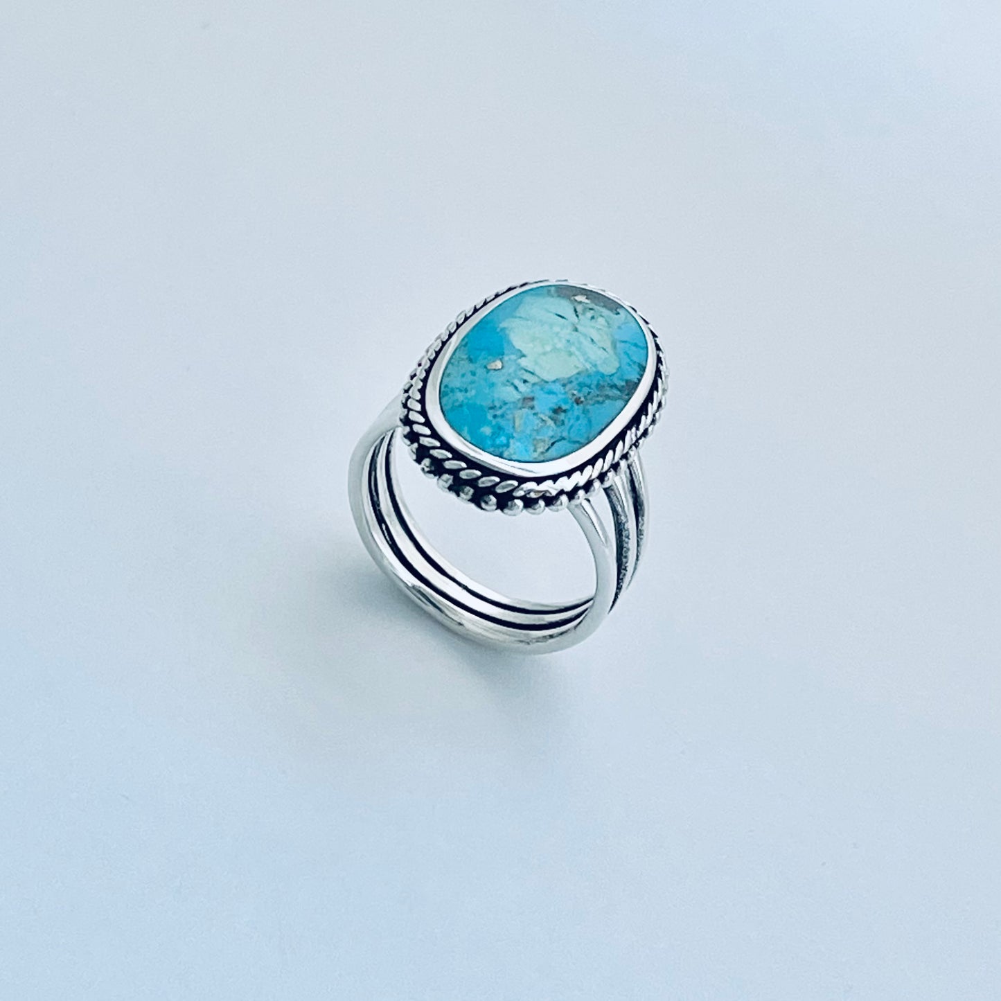 Sterling Silver Braid and Dots Accent Genuine Turquoise Ring with Triple Band, Statement Boho Jewelry