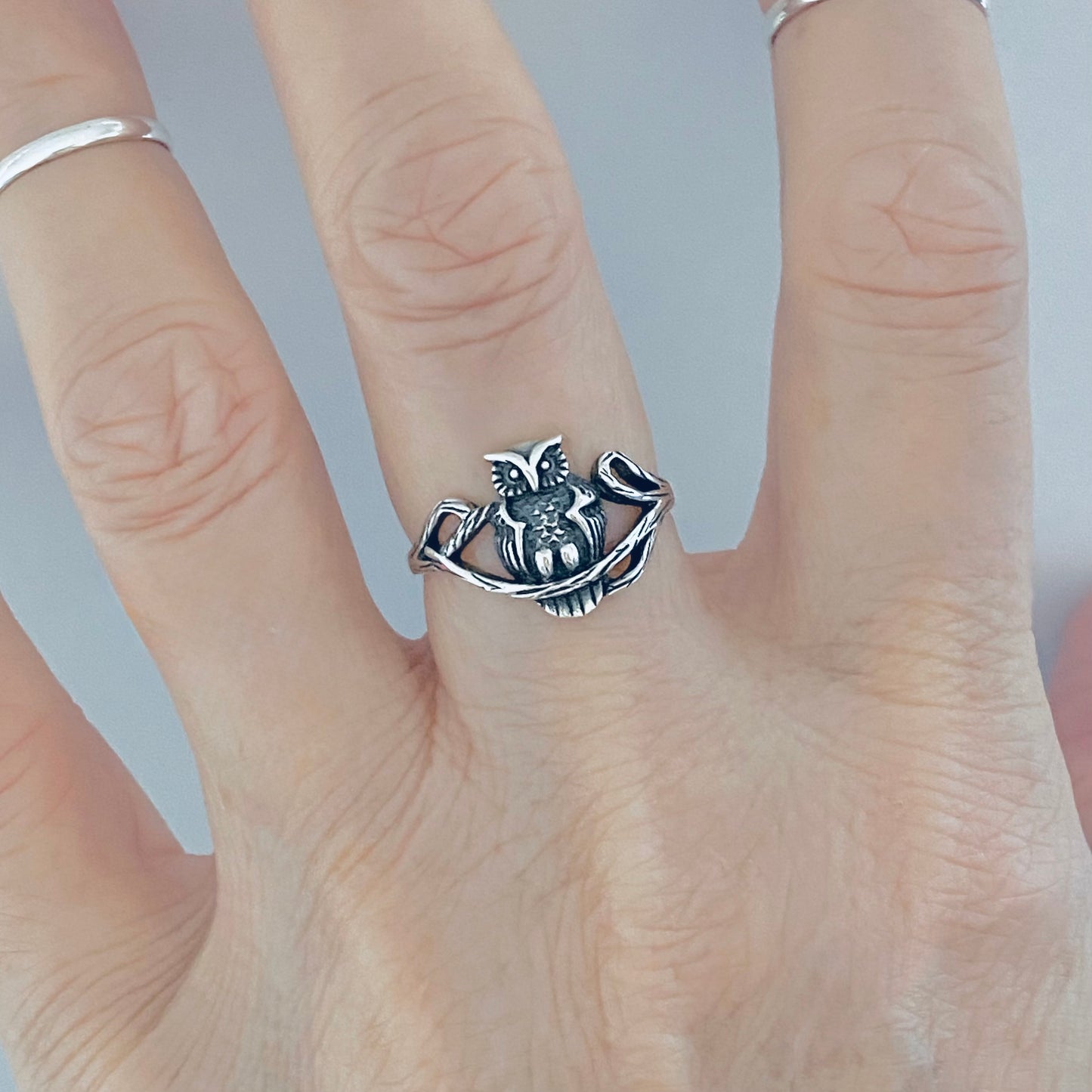 Sterling Silver Owl on Branch Ring, Spirit Bird Rings, Animal Jewelry