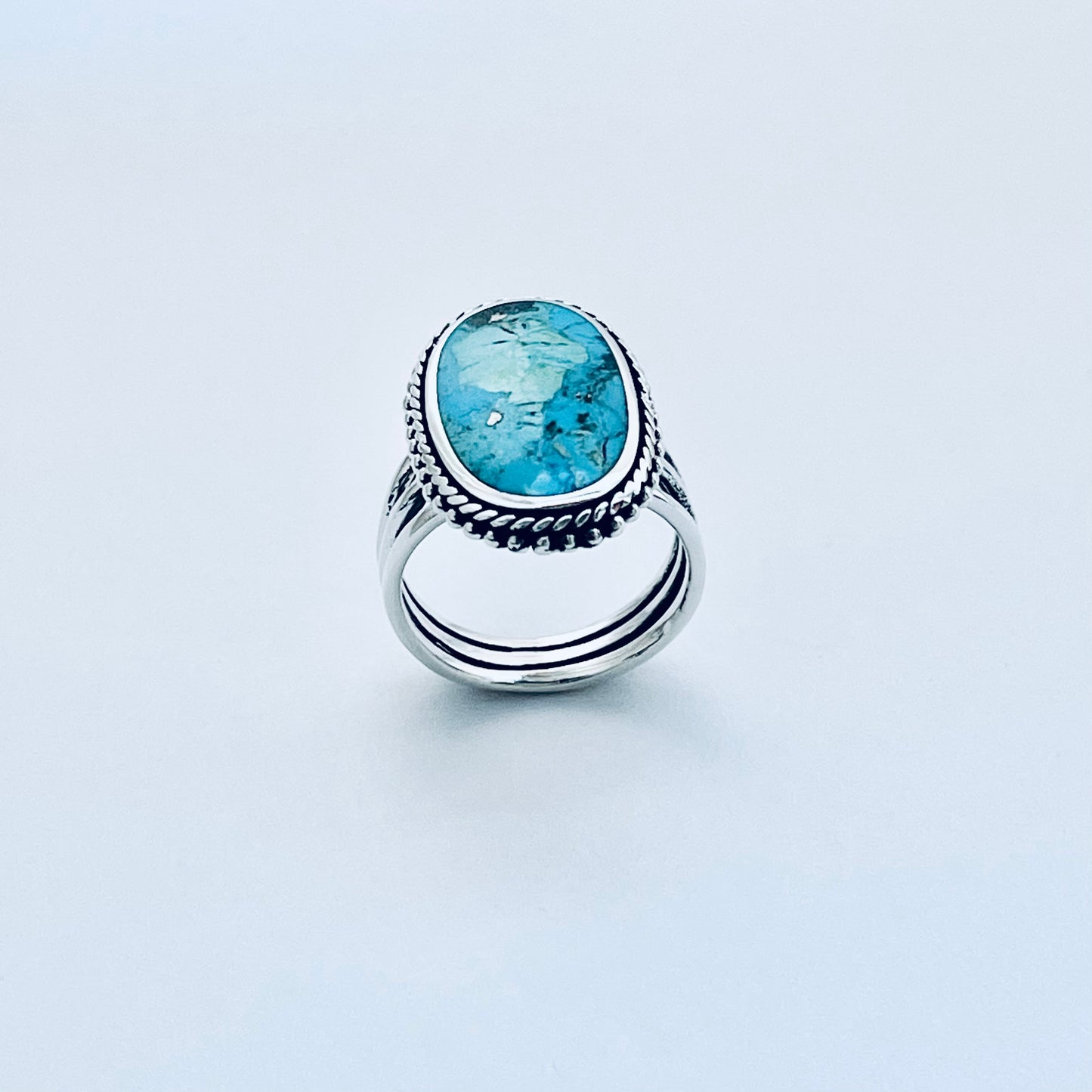 Sterling Silver Braid and Dots Accent Genuine Turquoise Ring with Triple Band, Statement Boho Jewelry