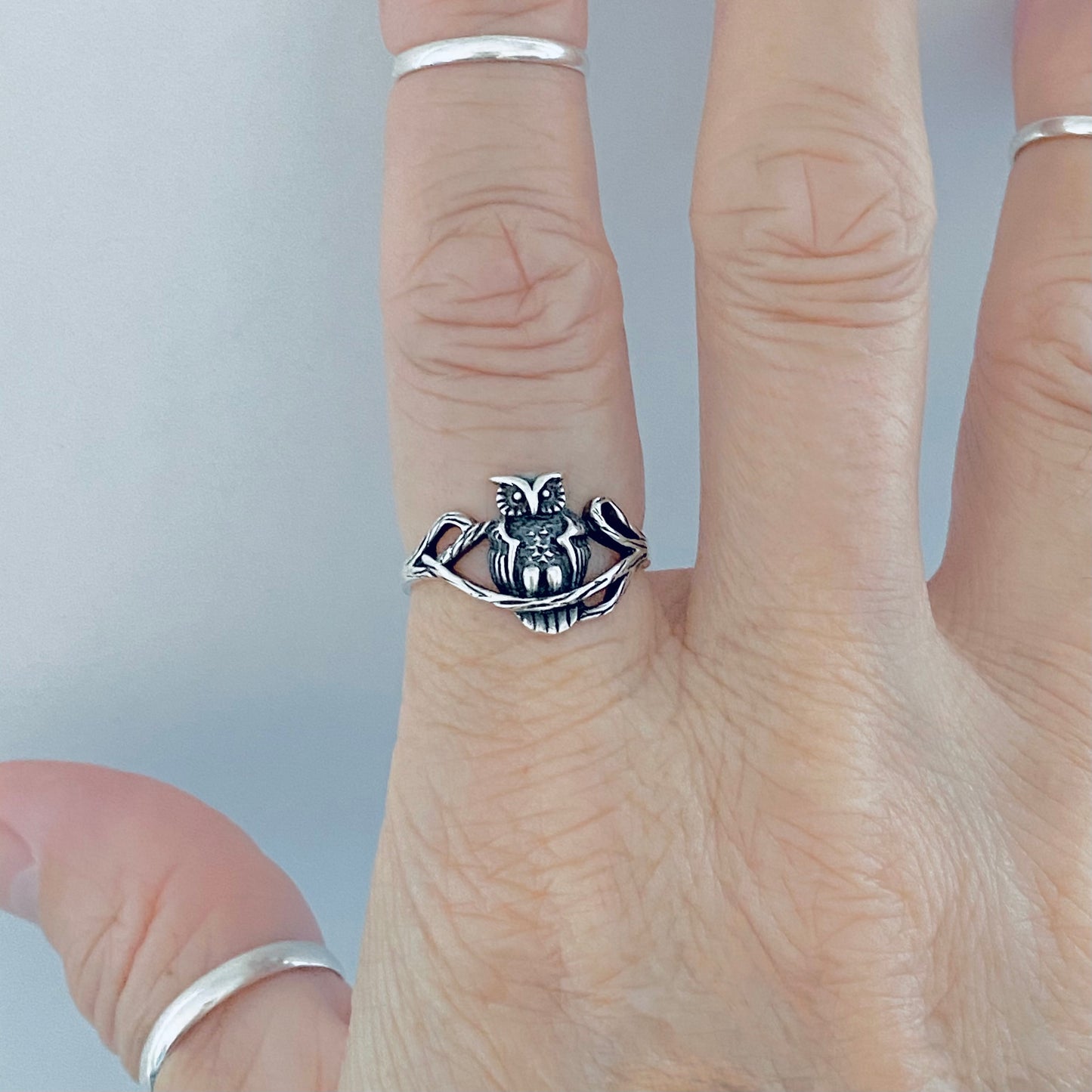 Sterling Silver Owl on Branch Ring, Spirit Bird Rings, Animal Jewelry