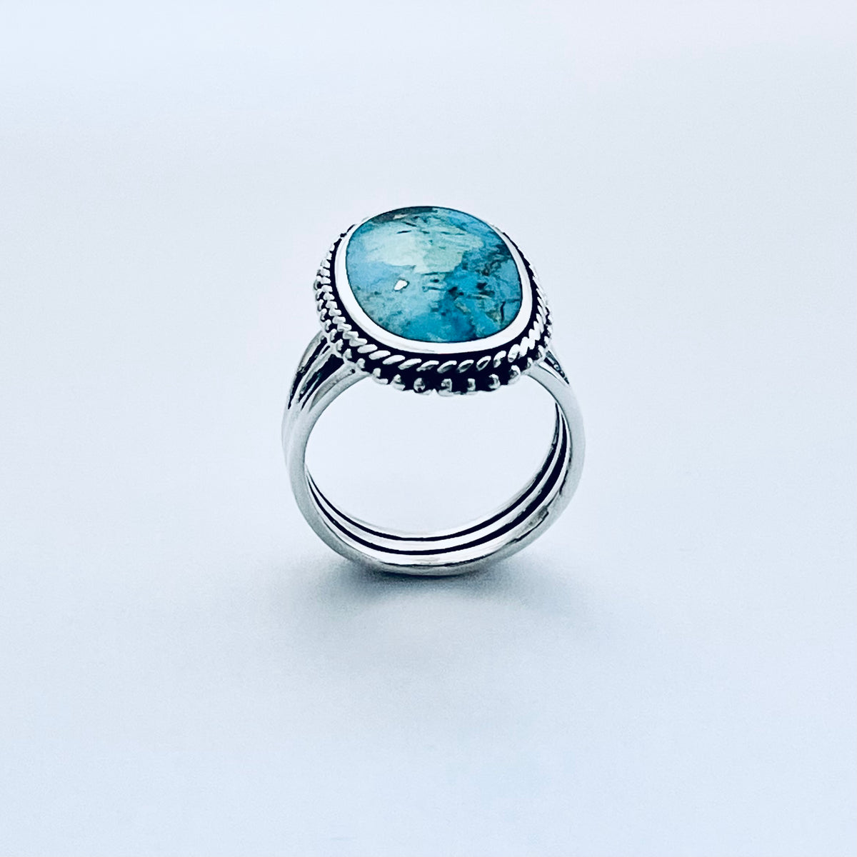 925 Sterling Silver Braid & Dots Genuine Turquoise Ring | Statement Triple Band Stone Rings