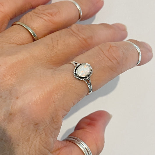 Sterling Silver Small White Lab Opal Ring with Braid, Silver Rings, Minimalist Ring