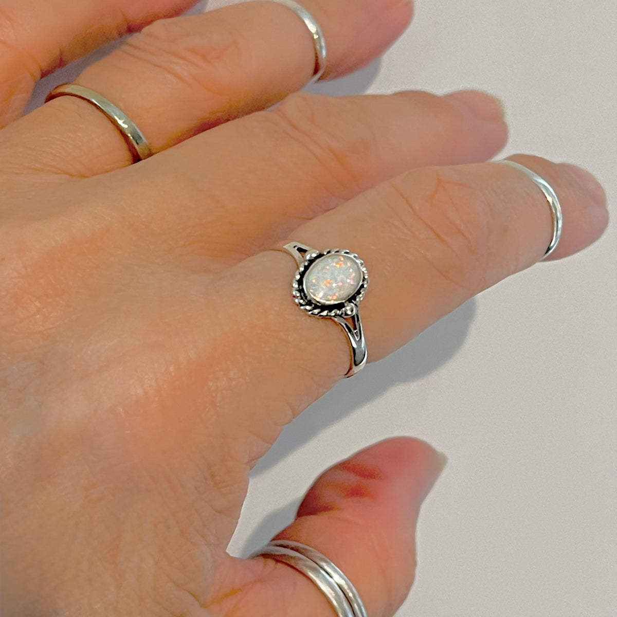 925 Sterling Silver Small White Lab Opal Ring with Braids | Dainty October Birthstone Silver Rings
