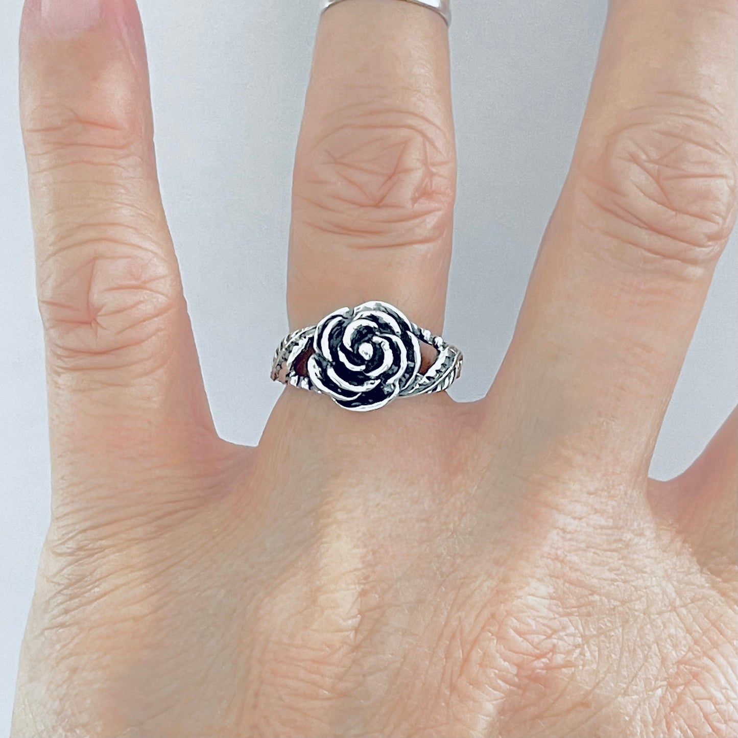 925 Sterling Silver Rose Ring with Leaves | Floral Love Roses Flower Silver Rings