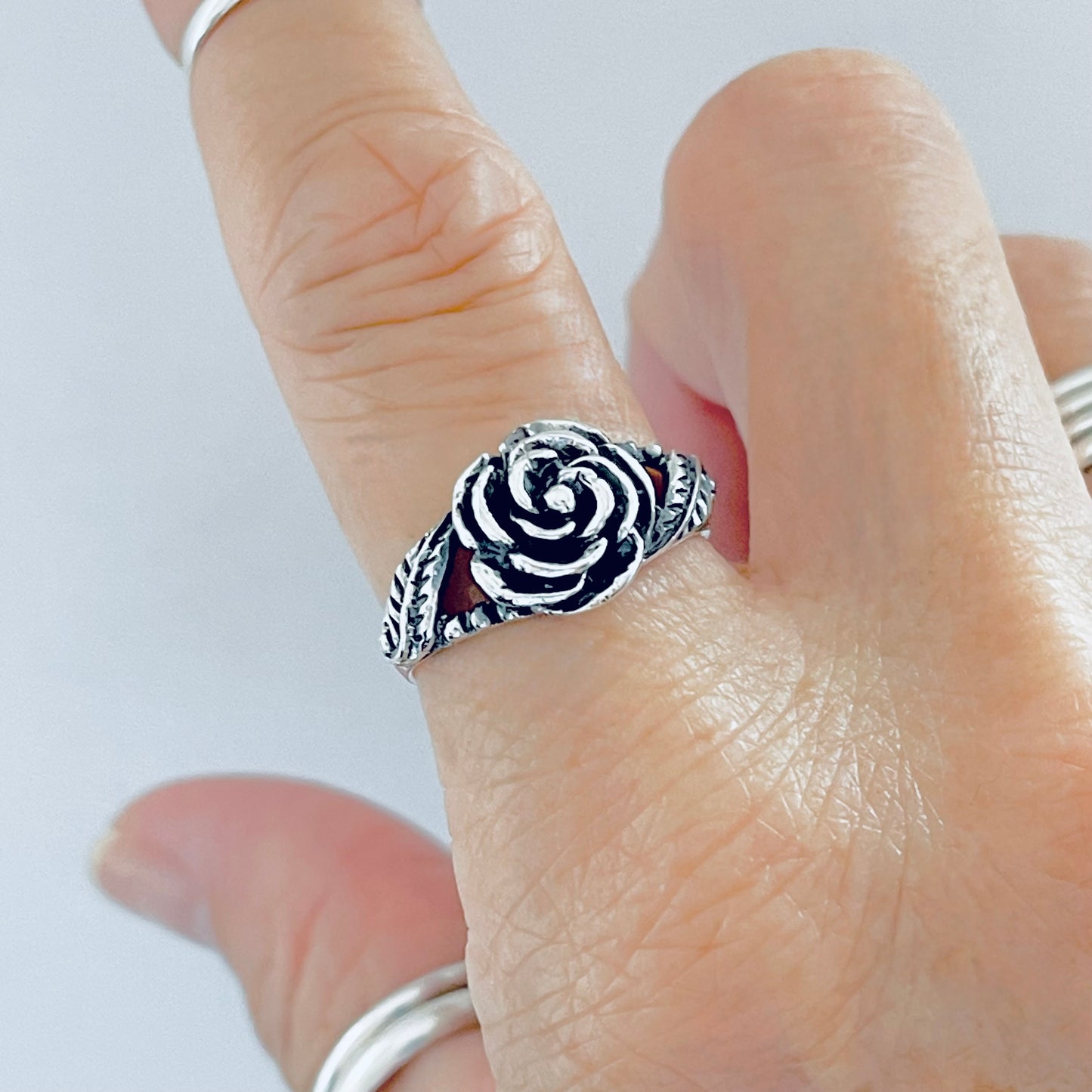 925 Sterling Silver Rose Ring with Leaves | Floral Love Roses Flower Silver Rings