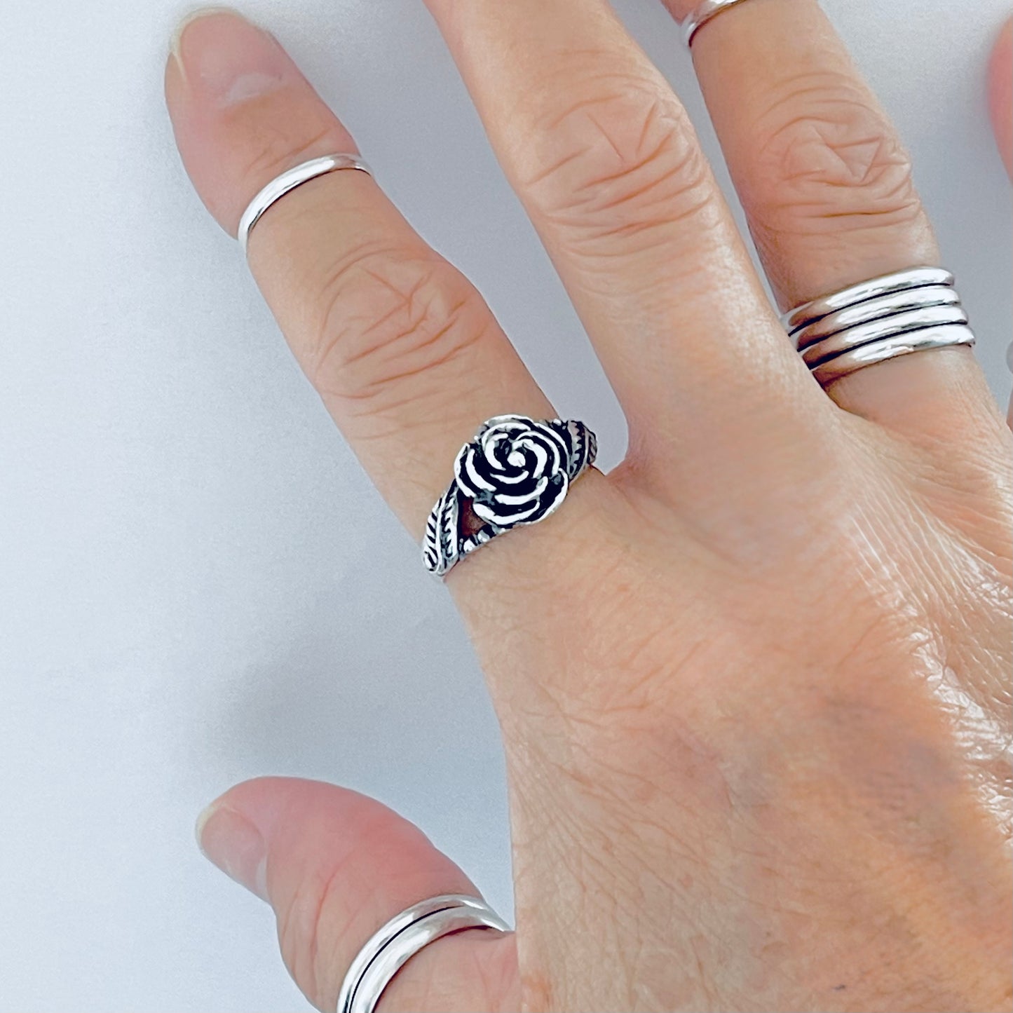 925 Sterling Silver Rose Ring with Leaves | Floral Love Roses Flower Silver Rings