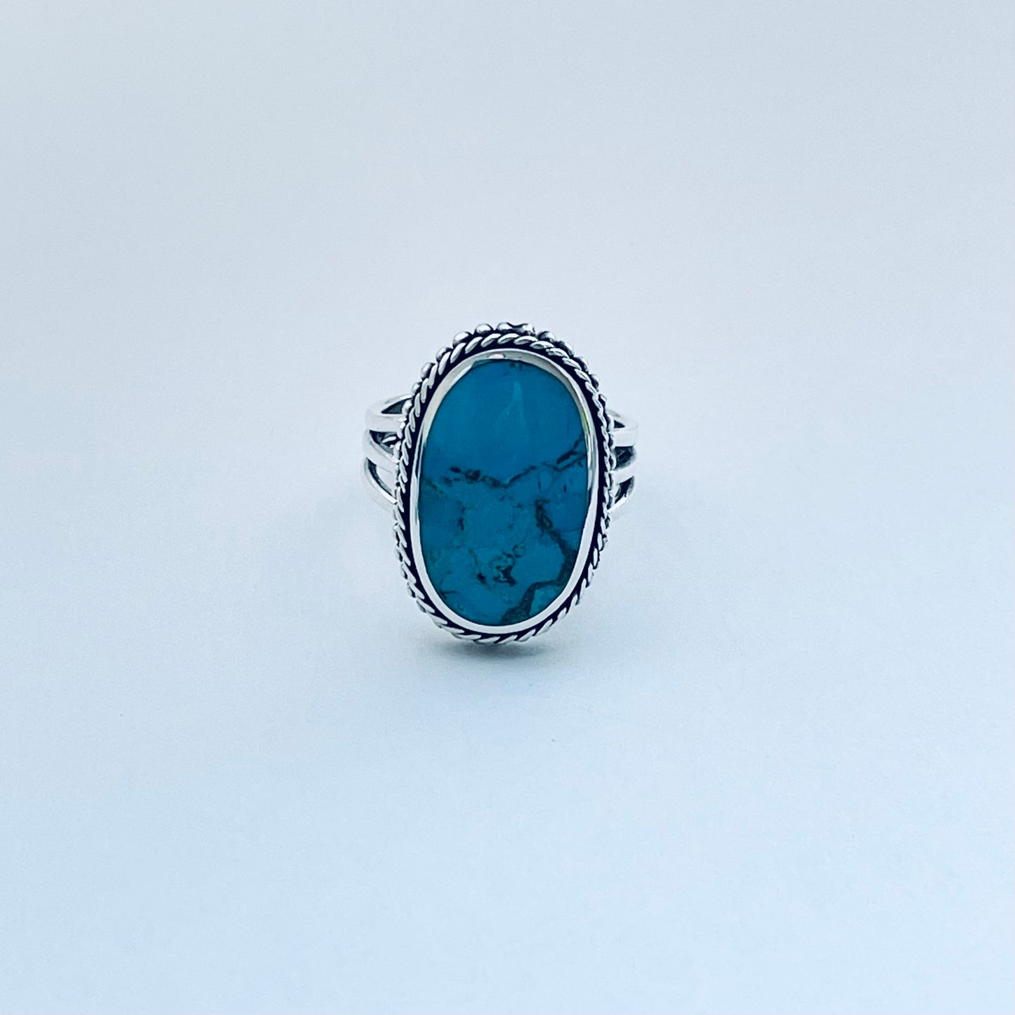 Sterling Silver Braid and Dots Accent Genuine Turquoise Ring with Triple Band, Statement Boho Jewelry