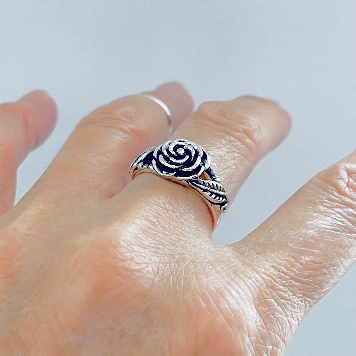 925 Sterling Silver Rose Ring with Leaves | Floral Love Roses Flower Silver Rings