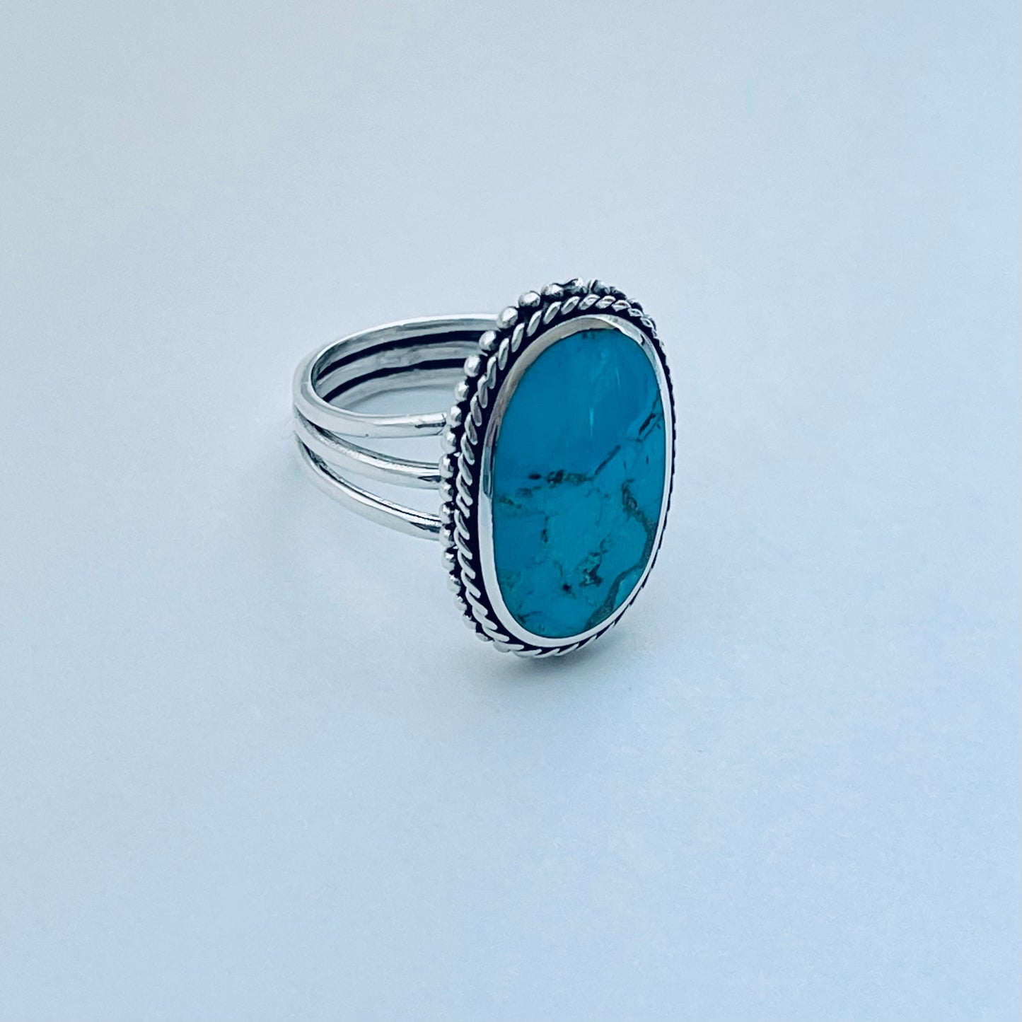 Sterling Silver Braid and Dots Accent Genuine Turquoise Ring with Triple Band, Statement Boho Jewelry