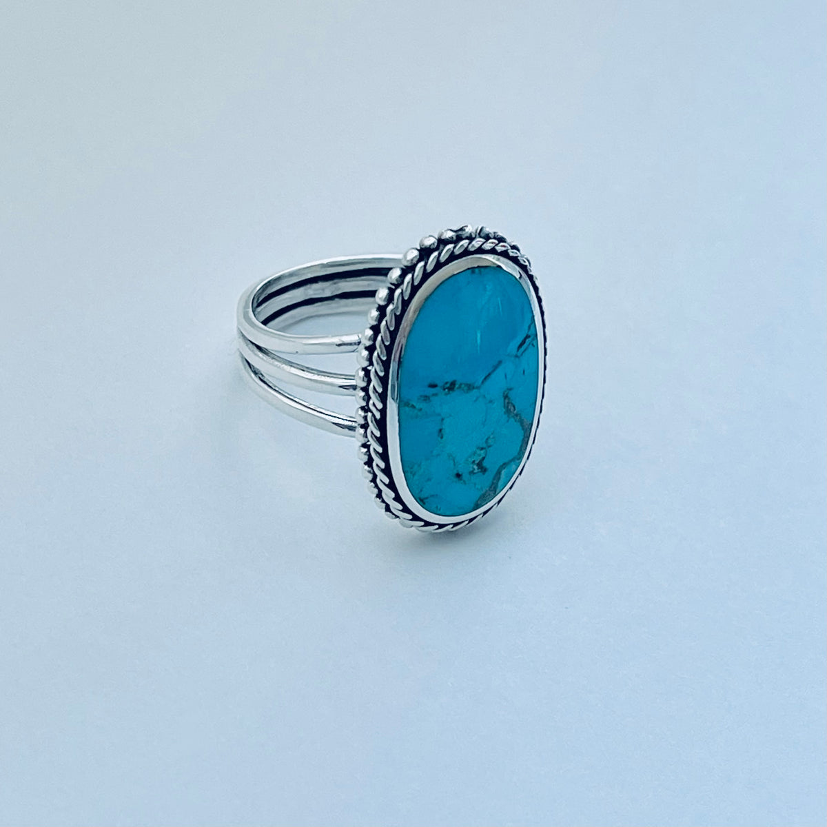 925 Sterling Silver Braid & Dots Genuine Turquoise Ring | Statement Triple Band Stone Rings